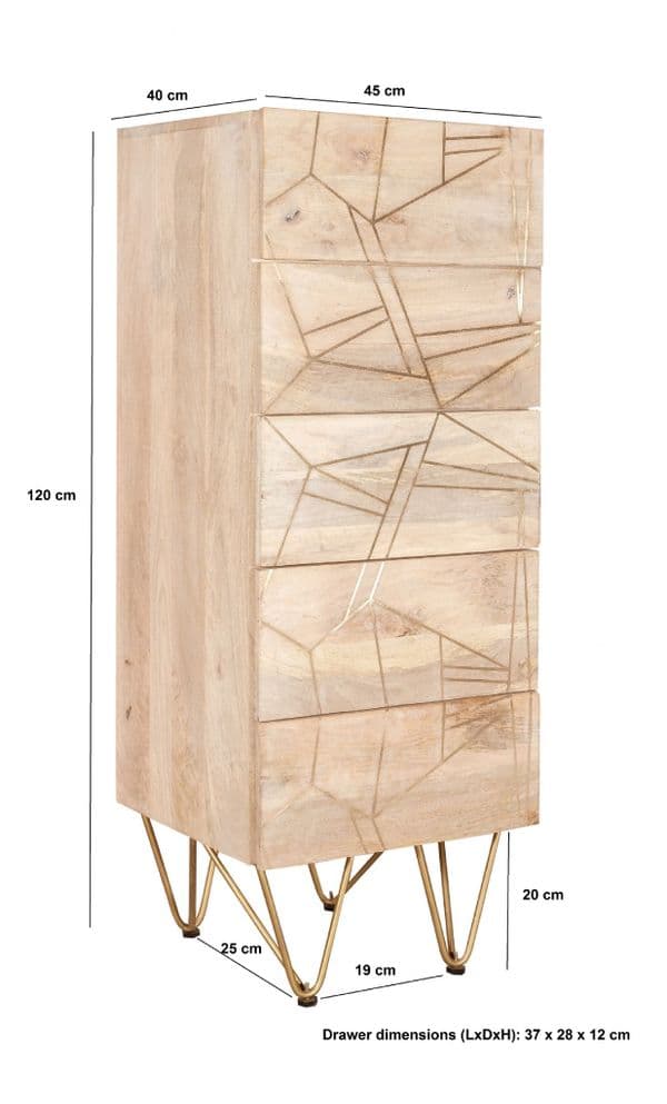 Brecon Light Mango Wood 5 Drawer Chest | Tall solid mango wood chest of drawers with metal inlays and hairpin legs.